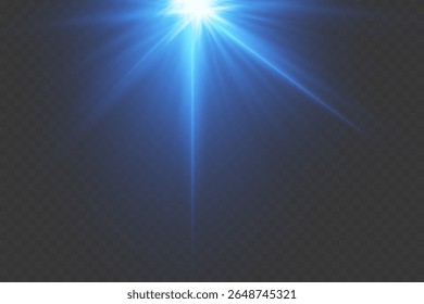 Blue glowing light explodes with shining rays and lens flares. On a transparent background
