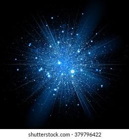 Blue glowing light glitter background effect. Magic glow sparkling texture. Magical star dust sparks light effect in explosion on black background. Vector Illustration