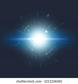 Blue glowing light on dark background. Shining star, explosion. Vector illustration.