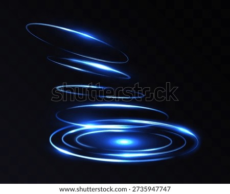 Blue glowing light rings and spiral trails floating above a dark background, creating a futuristic energy vortex effect suitable for sci-fi, technology, and abstract designs.