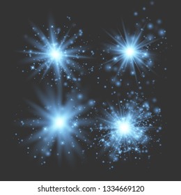 Blue glowing light set explodes on a transparent background.Glowing lights effect, flare, explosion and stars. Sun flash with rays and spotlight.