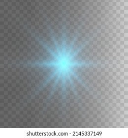 Blue glowing light star on a black background. Transparent shining sun, star explodes and bright flash. Blue bright illustration starburst. 