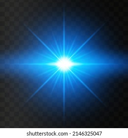 Blue glowing light star on a black background. Transparent shining sun, star explodes and bright flash. Blue bright illustration starburst. 