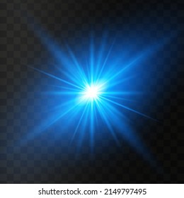 Blue glowing light star on a black background. Transparent shining sun, star explodes and bright flash. Blue bright illustration starburst. 