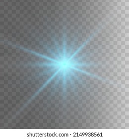 Blue glowing light star on a black background. Transpar