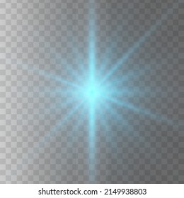 Blue glowing light star on a black background. Transpar