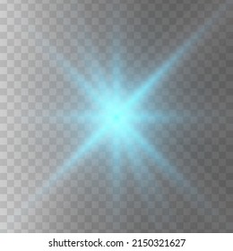 Blue glowing light star on a black background. Transparent shining sun, star explodes and bright flash. Blue bright illustration starburst.