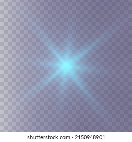 Blue glowing light star on a black background. Transparent shining sun, star explodes and bright flash. Blue bright illustration starburst.