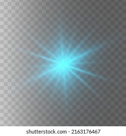 Blue glowing light star on a black background. Transparent shining sun, star explodes and bright flash. Blue bright illustration starburst. 