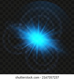 Blue glowing light star on a black background. Transparent shining sun, star explodes and bright flash. Blue bright illustration starburst. 