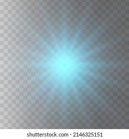Blue glowing light star. Transparent shining sun, star explodes and bright flash. Blue bright illustration starburst. 