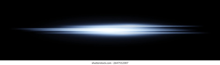 Blue glowing light streak. Horizontal neon beam with smooth glow and layered flow on black background, fitting tech, motion or speed themes.