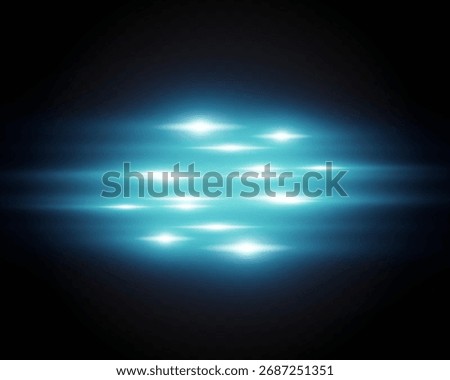 Blue glowing light streaks, horizontal neon flare effect with bright energy lines, futuristic motion blur isolated on transparent background, abstract sci-fi glow wave visual element.