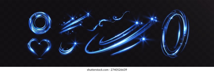 Blue glowing light trails and circular rings isolated on transparent background. Dynamic abstract swirl lines with sparkles, perfect for technology, energy, motion and digital design concepts.