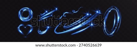 Blue glowing light trails and circular rings isolated on transparent background. Dynamic abstract swirl lines with sparkles, perfect for technology, energy, motion and digital design concepts.