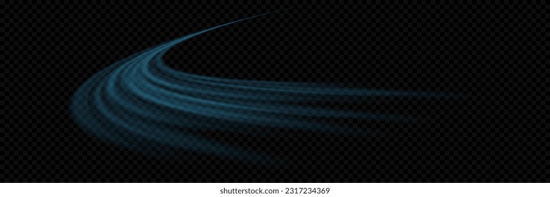 Ola de luz azul brillante, línea de velocidad. Resumen del flash del rastro de luz ondulada, curva de movimiento giratoria. Sobre un fondo transparente.