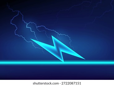 Ícone de raio brilhante azul com linhas de descarga de energia no fundo escuro, ilustração vetorial