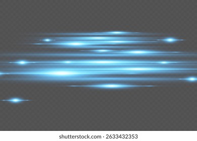 Blue glowing lines with glitter effect and flash of light. On transparent background