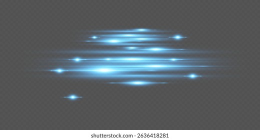 Blue glowing lines with glitter effect and flash of light. On transparent background