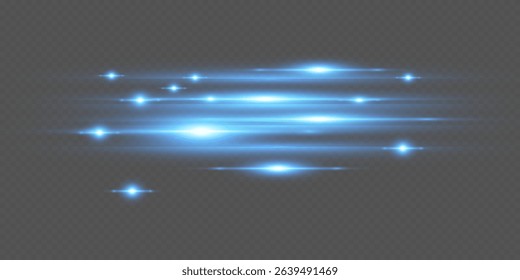 Blue glowing lines with glitter effect and flash of light. On transparent background