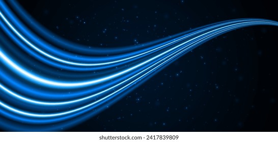 Blue glowing lines with glitter light effect on dark background. High speed internet technology concept or fast wireless data transmission. modern internet network connection technology background	