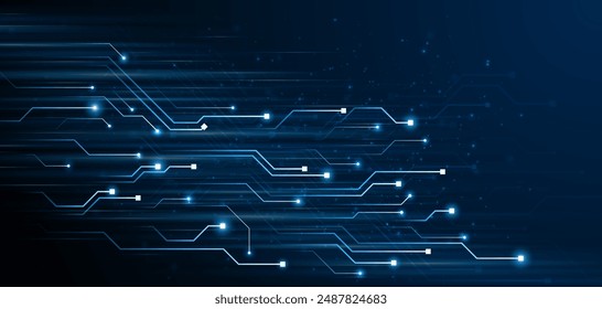 Blue glowing lines with glitter light effect on dark background. High speed internet technology concept or fast wireless data transmission. modern internet network connection technology background