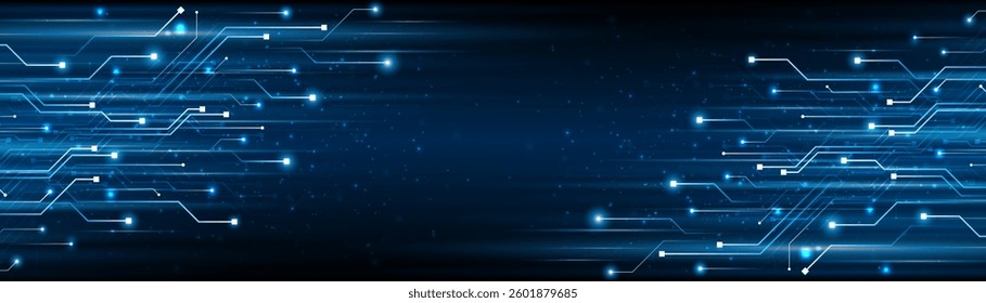 Blue glowing lines with glitter light effect on dark background. High speed internet technology concept or fast wireless data transmission. modern internet network connection technology background	
