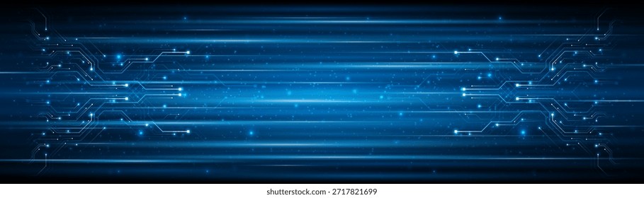 Blue glowing lines with glitter light effect on dark background. High speed internet technology concept or fast wireless data transmission. modern internet network connection technology background
