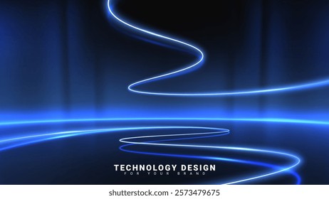 Blue glowing lines on dark scene, futuristic technology background template design.