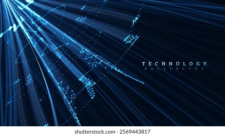 Blue glowing lines and small atoms on dark background, high speed large data transmission backdrop design concept, futuristic technology template. Vector illustration.