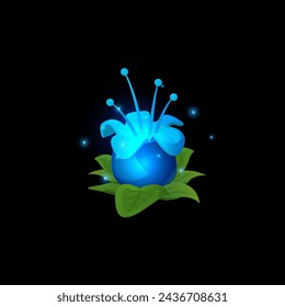 Blue glowing magic flower. Cartoon beautiful sparkling blossom bellflower bud with leaves. Fairy floral gui design element, game plant vector illustration isolated on black