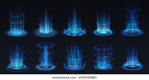 Blue glowing magic portals realistic vector illustration set. Video-game level up light effect 3d elements on black background. Fantasy template