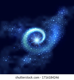 Blauer Zauberschwirt mit leichtem Effekt und Sternschmelze. Abstrakter nächtlicher galaxischer Hintergrund mit glänzendem Spiralnebel. Vektorillustration