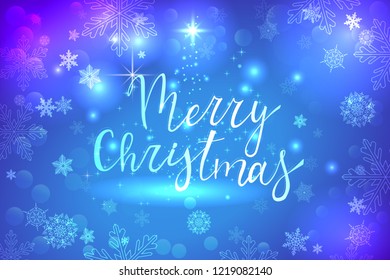 blue glowing merry christmas background with white snowflakes