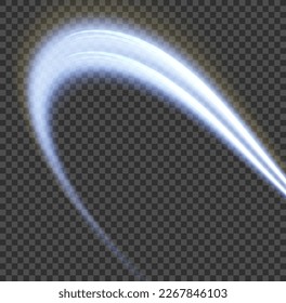 Blue glowing motion line. Dynamic sparkle waves. Light sparkling effect. Luminous lines of speed. Magic speed flying trails of shine, bright shimmer particles fly. Vector illustration.