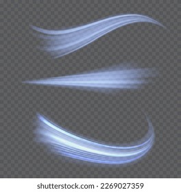 Blue glowing motion line. Dynamic sparkle waves. Light sparkling effect. Magic speed flying trails of shine, bright shimmer particles fly. Luminous lines of speed. Vector illustration.