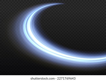 Blue glowing motion line. Magic speed flying trails of shine, bright shimmer particles fly. Dynamic sparkle waves. Luminous lines of speed. Light sparkling effect. Vector illustration.