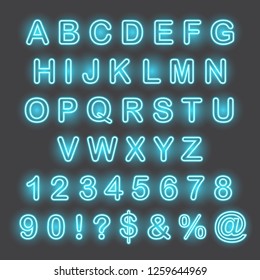 Blue glowing neon alphabet and numbers, vector illustration.
