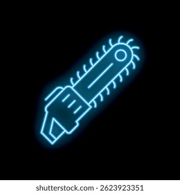 Blue glowing neon chainsaw on a black background, perfect for a spooky design element
