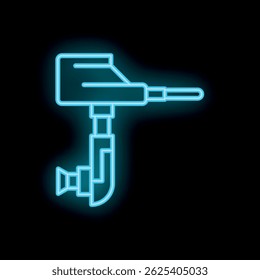 Blue glowing neon icon of boat motor isolated on black background