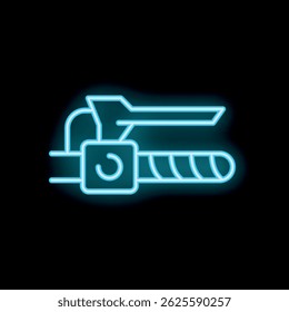 Blue glowing neon icon of electric hand planer tool with rotating blade for woodworking on a black background