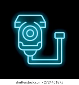 Icono de neón brillante azul de una cámara de seguridad que observa, que representa el concepto de sistema de seguridad y vigilancia