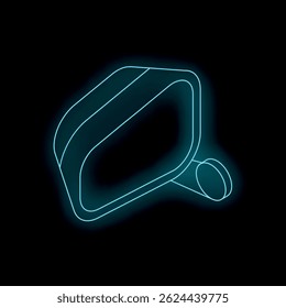 Blue glowing neon icon of a side view mirror is isolated on a black background