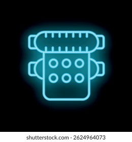 Blue glowing neon icon of a water filter cartridge being replaced, set against a black background