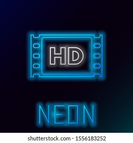 Blue glowing neon line 4k movie, tape, frame icon isolated on black background. Colorful outline concept. Vector Illustration