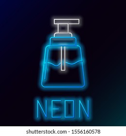Blue glowing neon line Aftershave icon isolated on black background. Cologne spray icon. Male perfume bottle. Colorful outline concept. Vector Illustration
