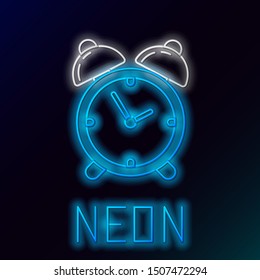 Blue glowing neon line Alarm clock icon isolated on black background. Wake up, get up concept. Time sign. Colorful outline concept. Vector Illustration
