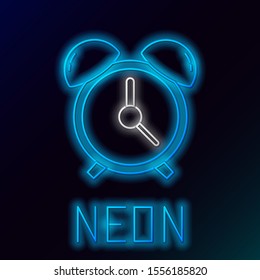 Blue glowing neon line Alarm clock icon isolated on black background. Wake up, get up concept. Time sign. Colorful outline concept. Vector Illustration