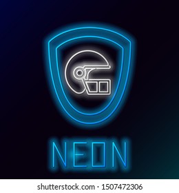 Blue glowing neon line American football helmet and shield icon isolated on black background. Colorful outline concept. Vector Illustration