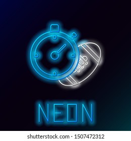 Blue glowing neon line American Football ball and stopwatch icon isolated on black background. Set of sport equipment. Colorful outline concept. Vector Illustration